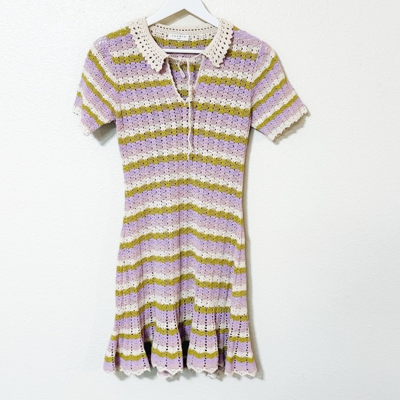 SANDRO Multicoloured Crochet Wavy Lined Collared Keyhole Ruffle Polo Dress US 8 - Picture 6 of 10